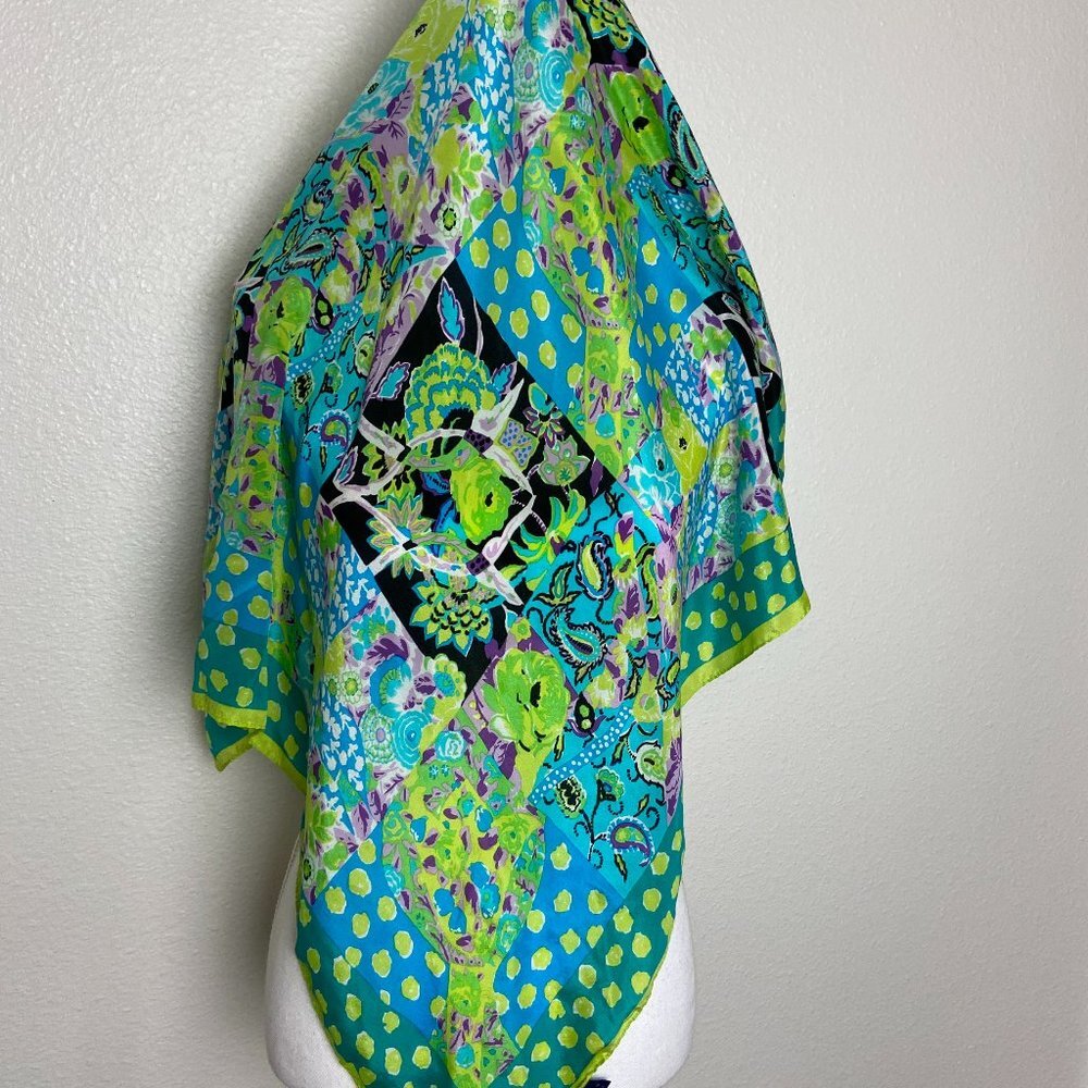 Vintage Honey Blue  Green Floral 100 Silk Scarf